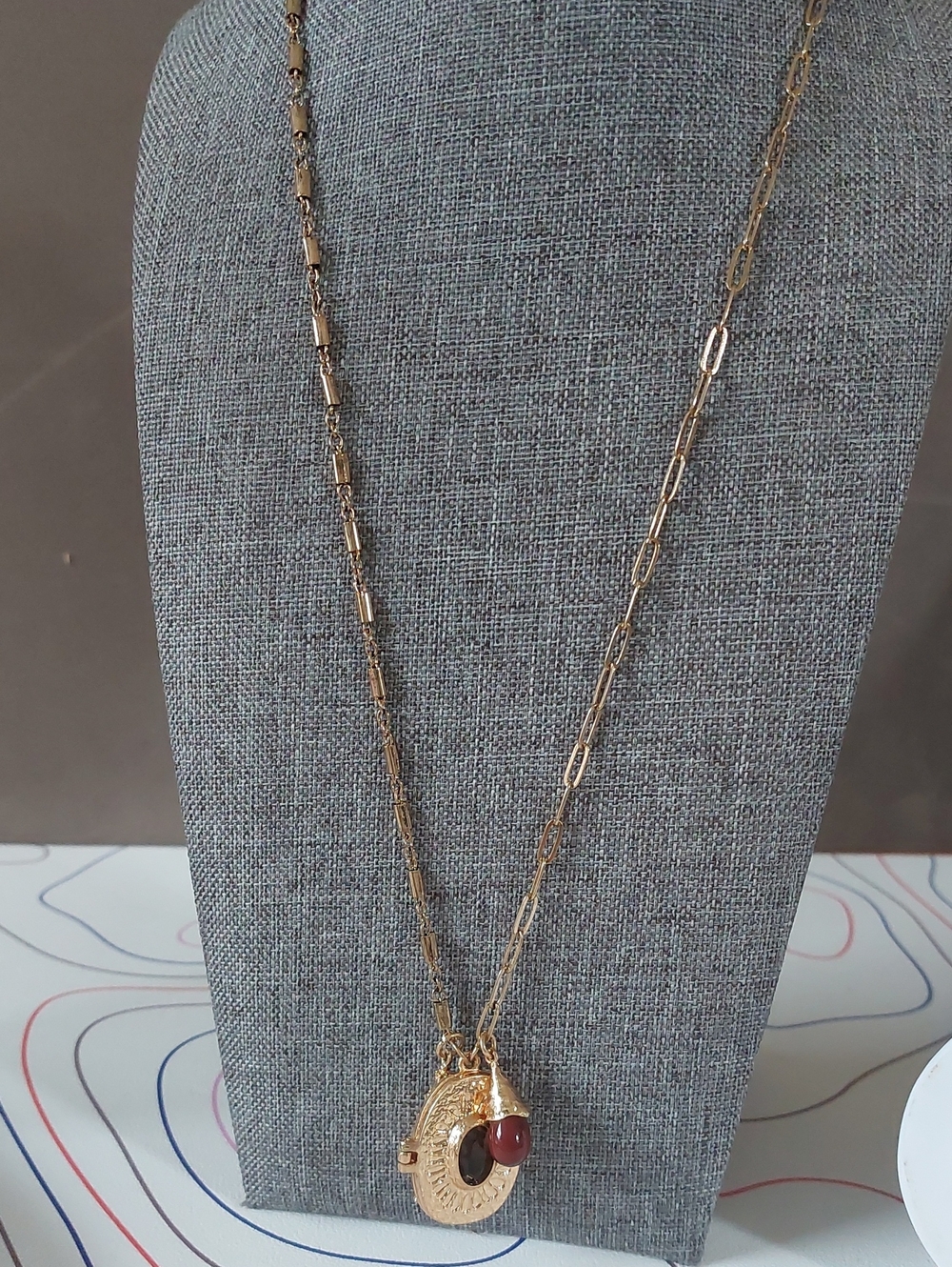 ZARA Gold Locket Charm Necklace Faux Garnet Cabochon Victorian Style 22"